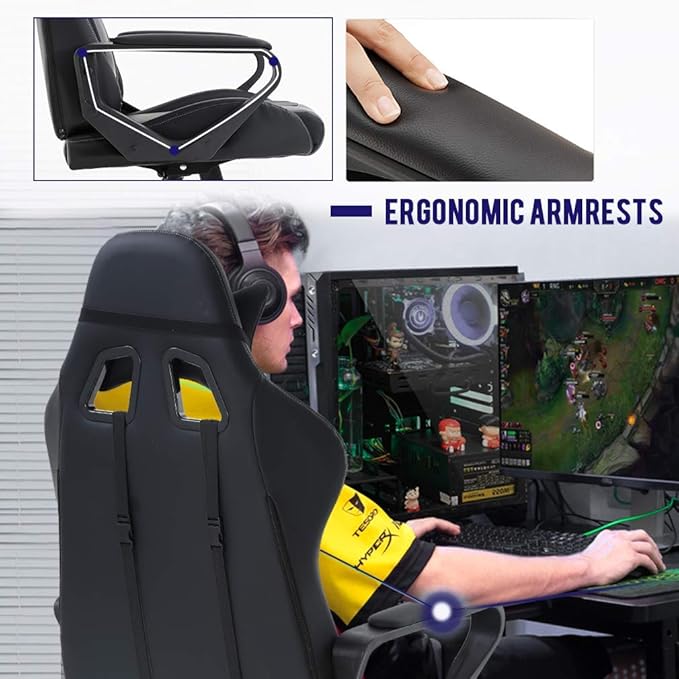 Gaming Chair with Lumbar Support High-Back Office Chair for Adults with Ergonomic Computer Racing Chair PU Desk Task Chair with Support Flip Up Arms Headrest White