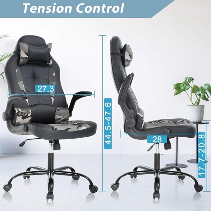 Gaming Chair High Back Home Office Chair Ergonomic PC Racing Chairs with Flip-up Arms PU Leather Computer Chairs Adjustable Height Swivel Executive Black &amp Camo