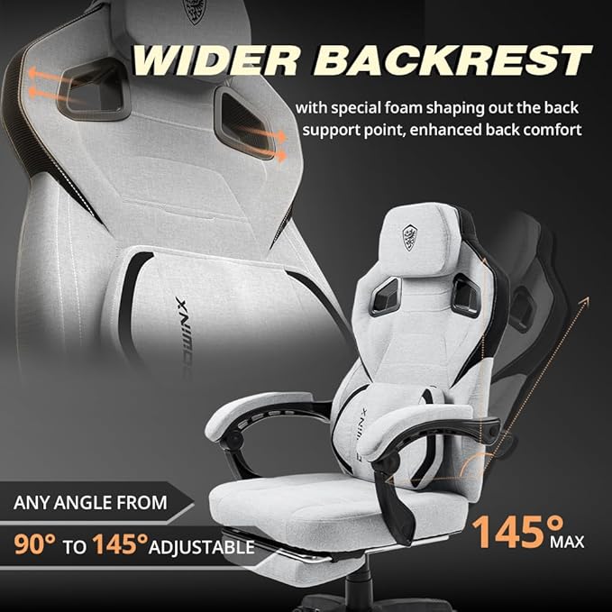 Dowinx Fabric Gaming Chair with Footrest and Massage Big and Tall Wide High Back Office Chair for Adults Computer Game Chair with Massage for 200lbs Grey