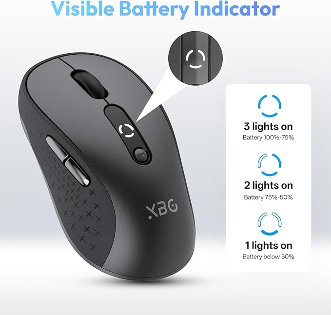 XBG B15 Tri-Mode Wireless Mouse Bluetooth 5.0/4.0 &amp 2.4G 5 Adjustable DPI Type-C Rechargeable with 3-Level Battery Indicator Ergonomic Silent Design for Office/Laptop/Travel