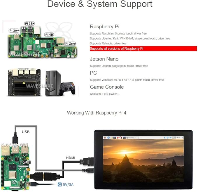 waveshare 7inch HDMI LCD (H) (with case) 1024x600 for Raspberry Pi IPS Display Capacitive Touch Screen Monitor with Toughened Glass Cover Case for Raspberry Pi 4/3/2/1 B B+ A+/Jetson Nano/Windows 10