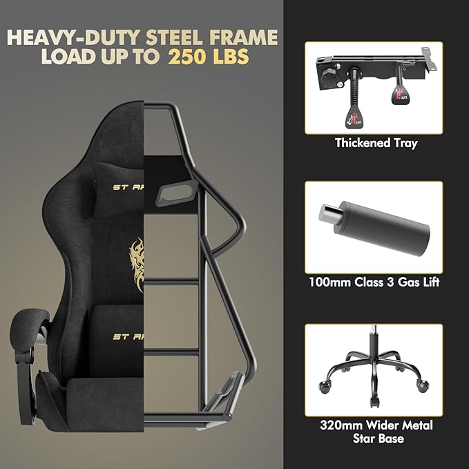 Huracan Velvet Fabric Racing Gaming Chair for Adults - Ergonomic Gamer Chair with Massage Lumbar Footrest &amp Spring Cushion | Home Office/Video Game Chair Black