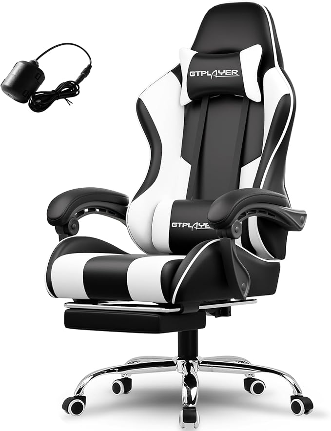 GTPLAYER Gaming Chair Computer Chair with Footrest and Lumbar Support Height Adjustable Game Chair with 360°-Swivel Seat and Headrest and for Office or Gaming (White)