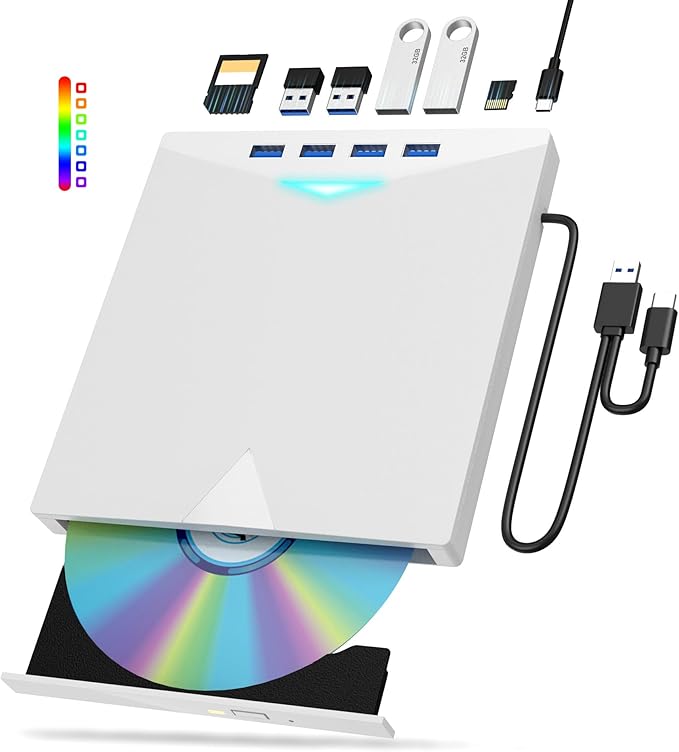 External CD/DVD Drive for Laptop PC8 IN 1 LED Portable DVD Drive CD Burner CD-ROM DVD-/+RW Writer Reader with TF/SD Card SlotsUSB 3.0 DVD Drive ExternalCompatible with MacWindows 11/10/8/7Linux