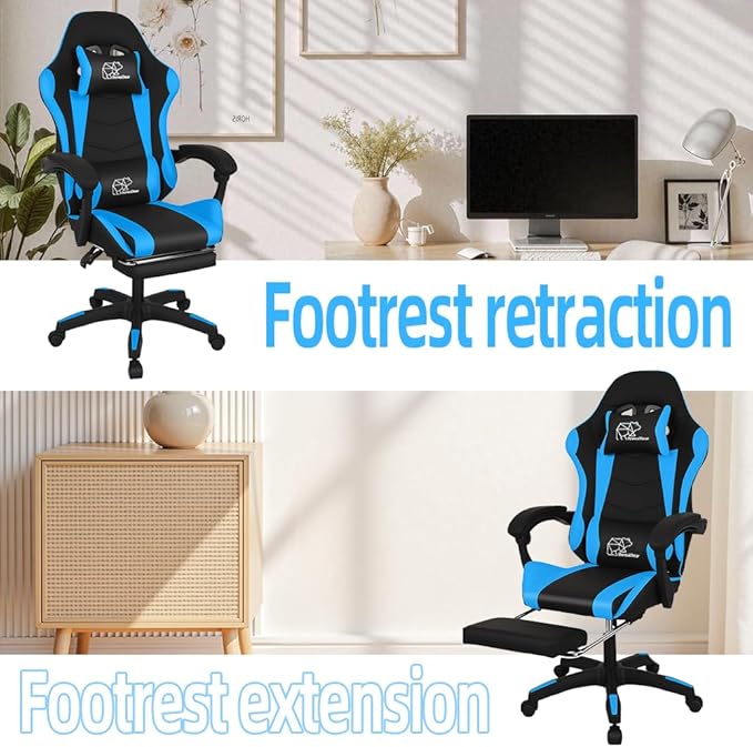BorealBear Gaming Chair Office Chair Reclining High-Back PU Leather Computer Desk Chair with Headrest and Lumbar Support Suitable for Gaming Chairs Office Storage Office Shelving and More（Blue）