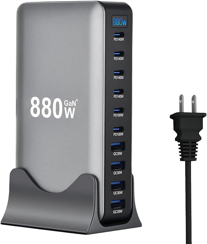 880W USB C Fast Charger Block 10 Ports GaN IV Pro USB Chagring Station 140W PD QC HUB for Multiple Devices Laptop Adapter Compatible with MacBook Pro/Air iPad iPhone Pro Max Galaxy Dell HP