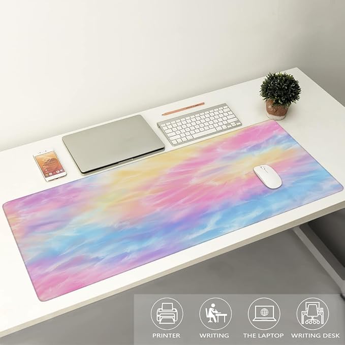 Large Tie Dye Beautiful Rainbow Mouse Mat Computer Mousepad with Non-Slip Rubber Base Waterproof Mouse Pad Desktop Keyboard Pad for GamerHome School Laptop Office Accessories16x35.5in