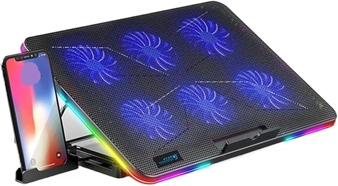 Universal Laptop Stand RGB Lighting Gaming Style 6 Fans LED Screen 12-15.6 Inch Laptop Cooling Pad with Mobile Phone Holder