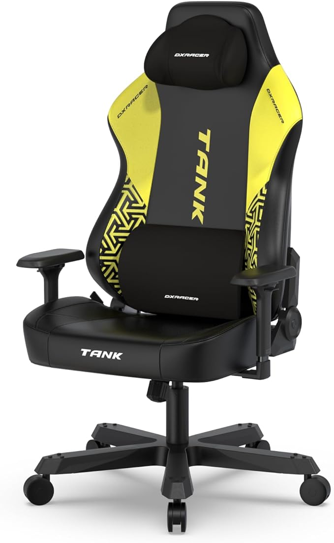 DXRacer Tank XXL Ergonomic Video Gaming Chair for Adults Office Reclining Computer Chair with Magnetic Head Pillow and Lumbar Support Racing Style Height Adjustable (EPU Leatherette Black Yellow)