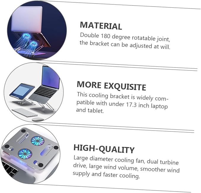 Gadpiparty Adjustable Laptop Cooling Pad with Dual Fans Aluminum Alloy Notebook Cooler Stand for Gaming and Office Use Silver