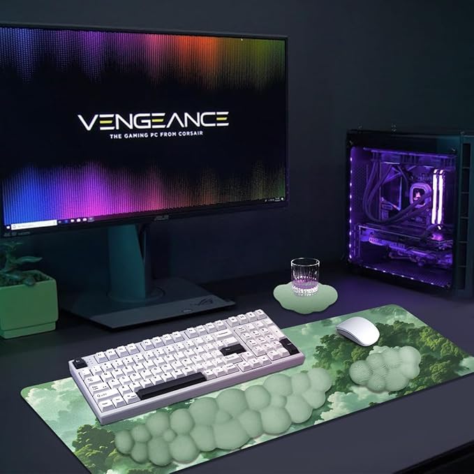 Gaming Desk Mat with Keyboard Wrist Rest Set 4 in 1 Large Mouse Pad &amp Cloud Keyboard Wrist Rest&amp Mouse Wrist Rest&ampCoaster Comfort and Support for Typing and Gaming（Green