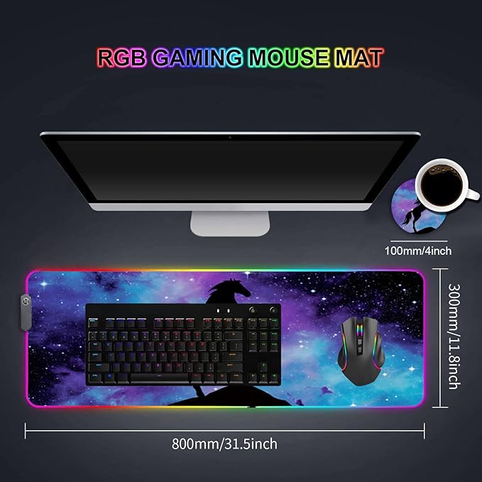 RGB Gaming Mouse Pad with Coffee Coaster Blue Galaxy Nebula Horse Design XXL Large Glowing LED Mousepad Anti-Slip Rubber Base Computer Keyboard Desk Mouse Mat 31.5 X 11.8 Inch