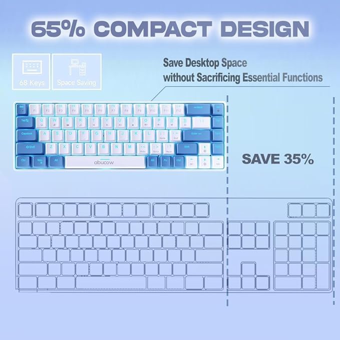 abucow 65% Mechanical Gaming Keyboard Red Switch Wired Compact Keyboard with Blue Backlight Swappable Blue White Keycaps for Windows/Mac