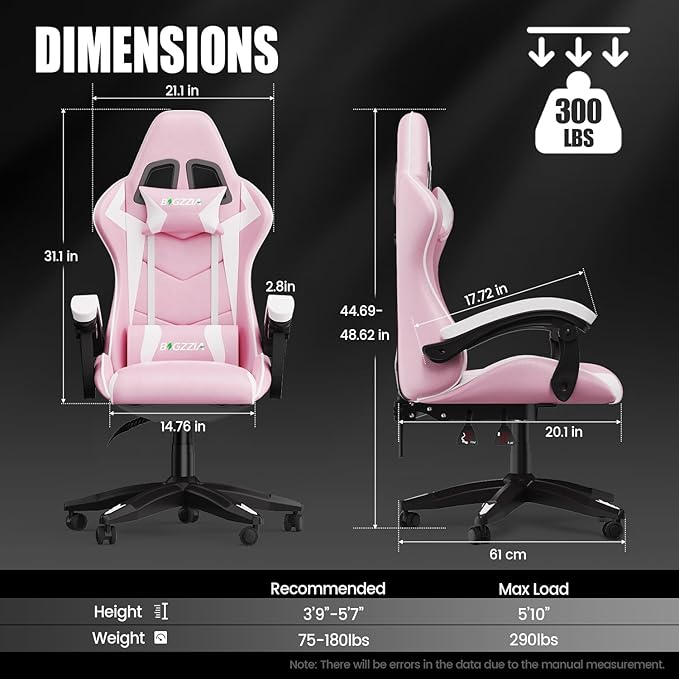 Bigzzia Gaming Chair Computer Game Chair with Lumbar Support Comfortable Video Game Chairs for Adults Kids Racing Style Gamer Chair with 360°-Swivel Seat and Headrest（Pink）