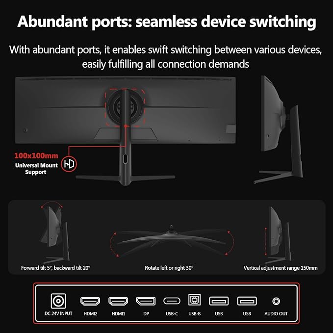 5K Monitor Z-Edge 49 inch IPS Curved Gaming Monitor DQHD 5120x1440 Computer Monitor144Hz 32:9 Ultrawide 1ms MPRT 400 cd/m² 10bit UG49W HDMI*2 DP*1 USB-C PIP/PBP Adjustable Stand