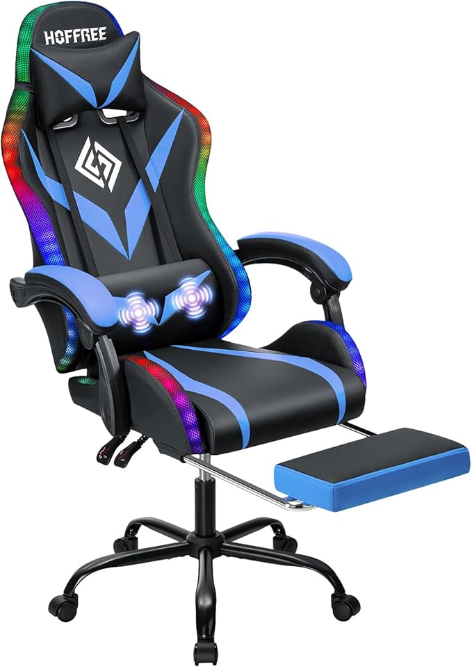 RGB Gaming Chair with Massage and LED Lights Ergonomic Video Game Chairs with Footrest High Back Reclining Computer Chair with Adjustable Lumbar Support Blue and Black