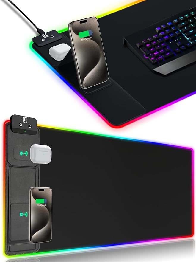 XXL Mouse Pad with Phone Holder - Black RGB Desk Mat with 15W Fast Charging LED Gaming Mousepad with 11 Light Colors Waterproof Non-Slip Pad for Office &amp Home