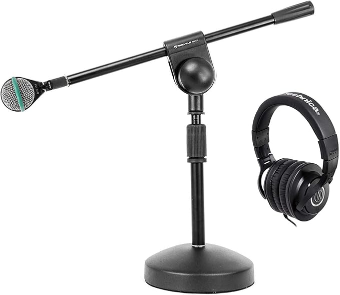 Audiosavings Bundle: D112 MKII Professional Dynamic Kick Drum Bass Guitar Microphone Bundle with Closed-Back Studio Monitor Headphones + Desktop Mic Stand with Boom &amp Adjustable Height (3 Items)