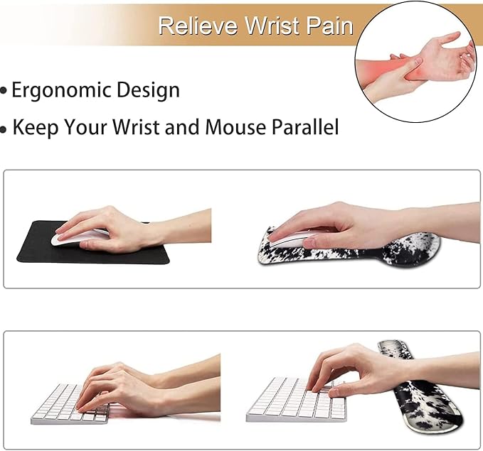 Ergonomic Mouse Pad Wrist Support and Memory Foam Keyboard Wrist Rest SetGel Mouse Mat with Non-Slip PU BaseKeyboard Palm Rest for Home Office Wireless Gaming Mouse Pad Black White Cowhide Fur