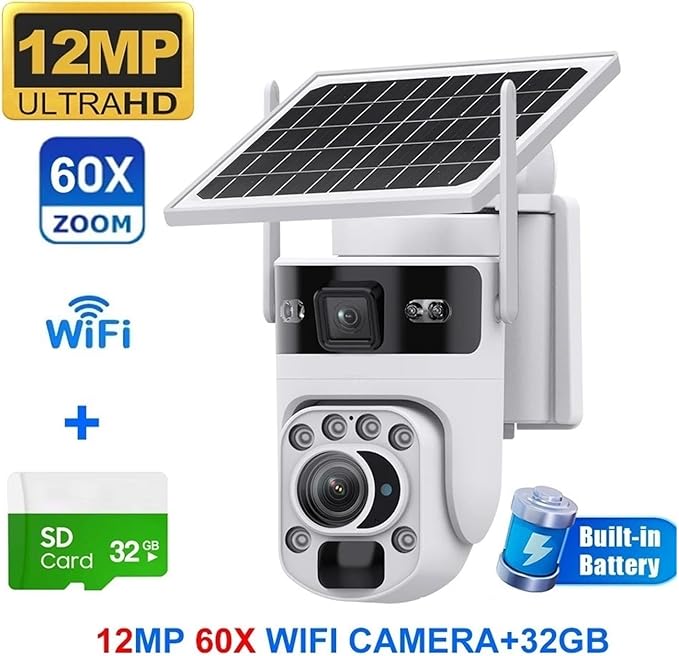 4K 60X Optical Zoom 4G Solar Camera Dual Screen Outdoor WiFi PTZ PIR Detection Human Auto Tracking CCTV Cameras(White 60X WiFi 32GB)