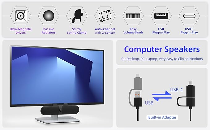 Computer Speakers for Desktop PC Monitor Speakers with Easy Volume Knob Sturdy Clamp Clear Sound Decent Bass USB Plug in External Speakers for Laptop Small PC Soundbar USB-C Adapter 5Ft Cable