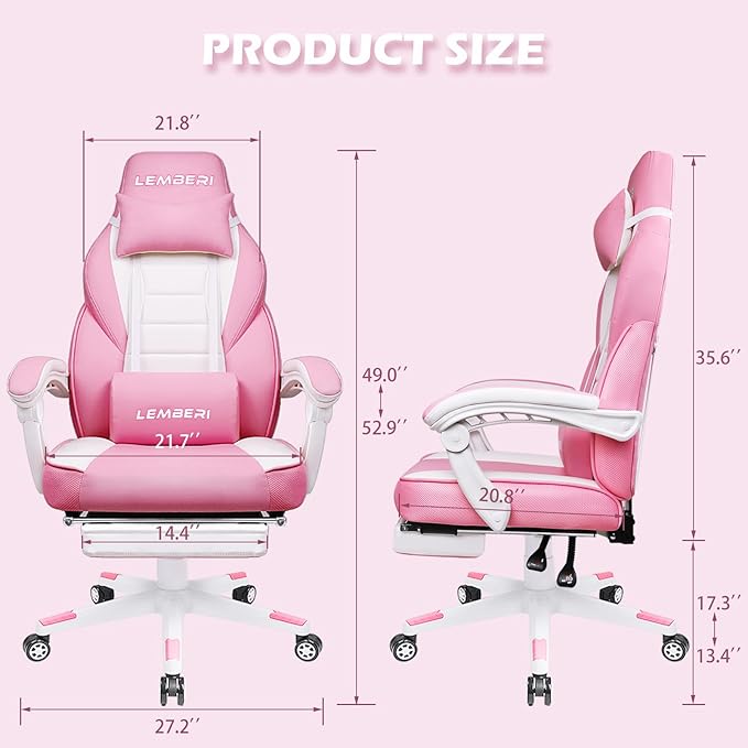 LEMBERI Pink Gaming Chair with footrest Kawaii Cute Pink Gamer Chair for GirlGirls Video Game ChairsComputer Gaming Chair with Headrest and Lumbar Support