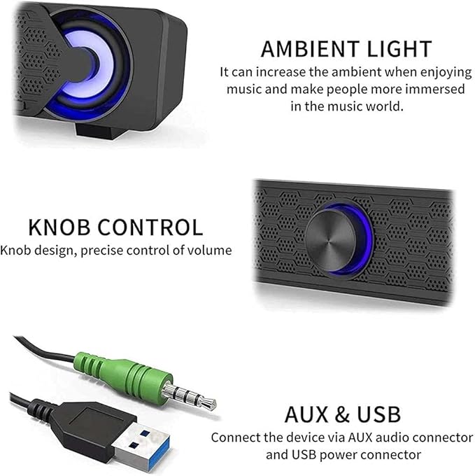 Sound bar with Built-in Subwoofer Surround Sound 3.5mm Input Jack Compatible with PC Computers Notebook Tablet Smart Phones