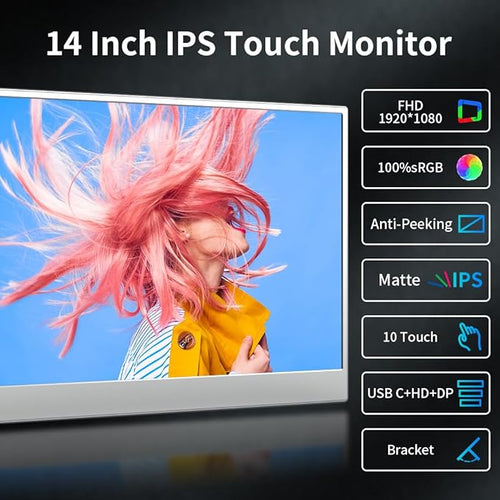 14 Inch Touchscreen Portable MonitorFHD 1080p100% sRGB DisplayBuilt USB-CHDMIMini DPFolding Kickstand Extend Second Screen for Laptop/PC/Phone/Game Console