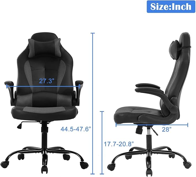 Gaming Desk Chair PC Gaming Chair Gamer Chair Comftorable Ergonomic PU Leather Computer Office Chair with Lumbar Support Flip Up Arms High Back Executive Gaming Stuff for Girl Kids Adults (Grey)