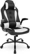 Gaming Chair PU Leather Computer Chair with Flip-up Armrest and Lumbar Support Ergonomic High Back Home Office Chair Comfy Video Game Chair for Home Bedroom White