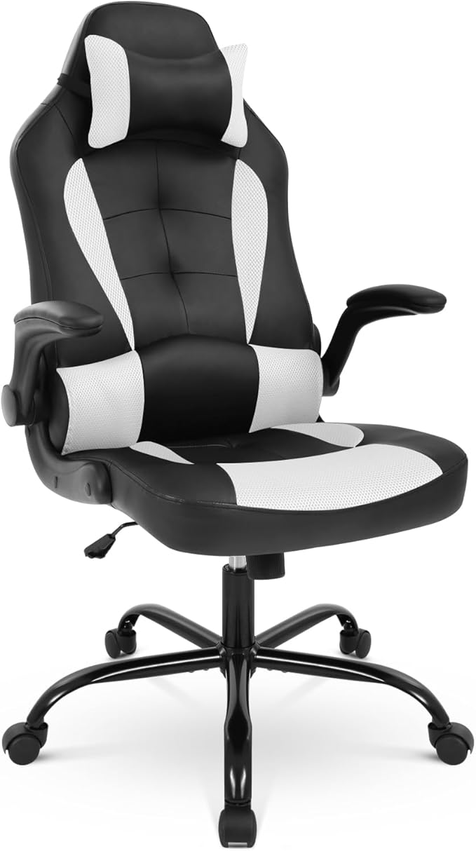 Gaming Chair PU Leather Computer Chair with Flip-up Armrest and Lumbar Support Ergonomic High Back Home Office Chair Comfy Video Game Chair for Home Bedroom White