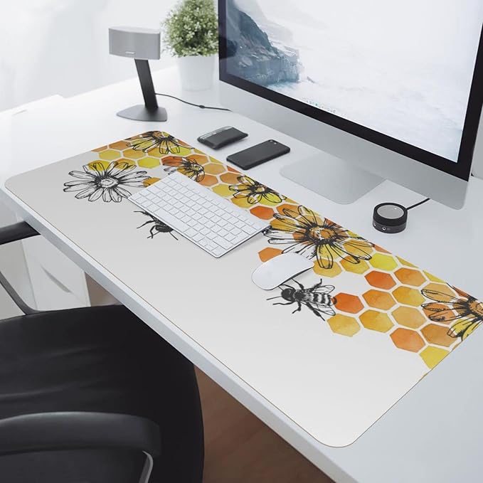 Bee Sunflowe Large Mouse Pad Gaming Mousepad with Wrist Support Rubber Computer Keyboard Mat for Desk Laptop Non-Slip Full Deskmat Protector Waterproof Writing Pad Office Home 16x35.5 in