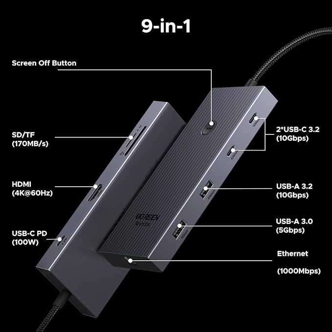 UGREEN Revodok Pro 9 in 1 USB C Hub Gigabit Ethernet Adapter 4K@60Hz HDMI 100W PD Charging USB A Data Ports SD/TF Card Reader Compatible with Mac M1 M2 M3M4 M5Steam Deck