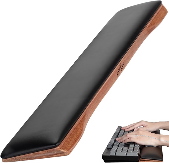 ASFSKY Keyboard Wrist Rest Ergonomic Memory Foam Wrist Pad with PU Leather &amp Wooden Base Non-Slip and Easy-to-Clean Design Wrist Support for Mechanical Keyboard Gaming &amp Office Use (Black)