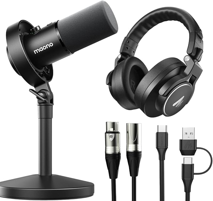 MAONO USB XLR Dynamic Microphone Studio Headphone Bundlefor Studio Recording Streaming Content Creation(PD300XT+MH700+XLR-180)