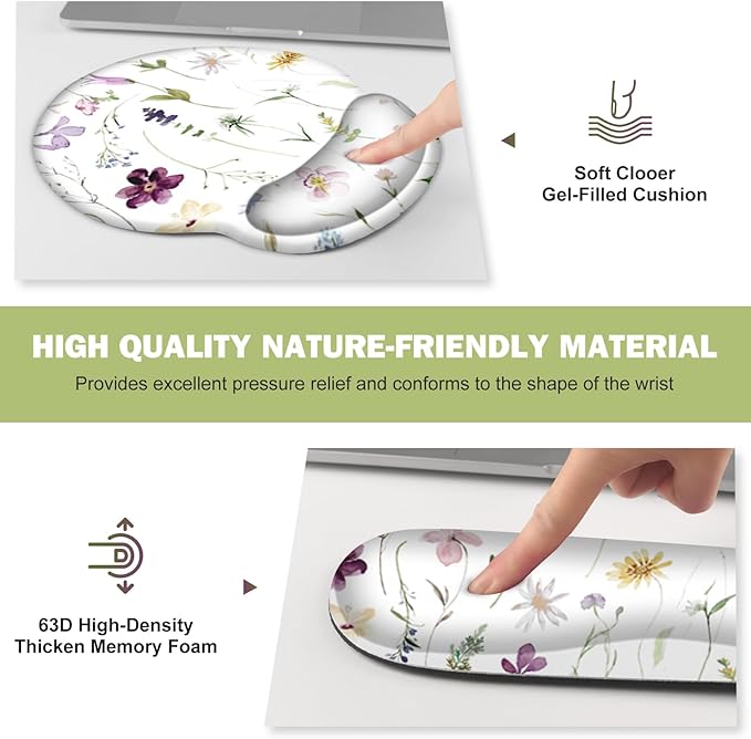 Gaming Mouse Pad Large Desk Mat Cute Desk Pad Protector 4in1 XXL Mousepad + Keyboard Wrist Rest+Mouse Wrist Rest+Coaster Set with Ergonomic Desk Pad for Home Office Computer Purple Flower Plants