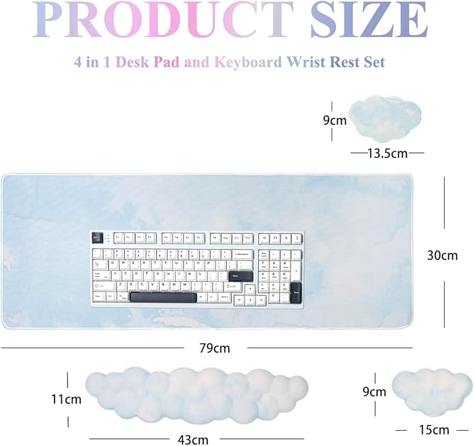 Gaming Desk Mat with Keyboard Wrist Rest Set 4 in 1 Large Mouse Pad &amp Cloud Keyboard Wrist Rest&amp Mouse Wrist Rest&ampCoaster Comfort and Support for Typing and Gaming(Blue)