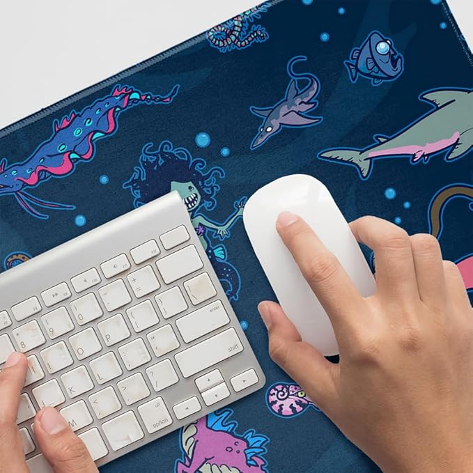 Creepy Deep Sea Creatures Pattern with Mermaid Squid and Shark Large Gaming Mouse Pad Desk Mat with Stitched Edges Non-Slip Base