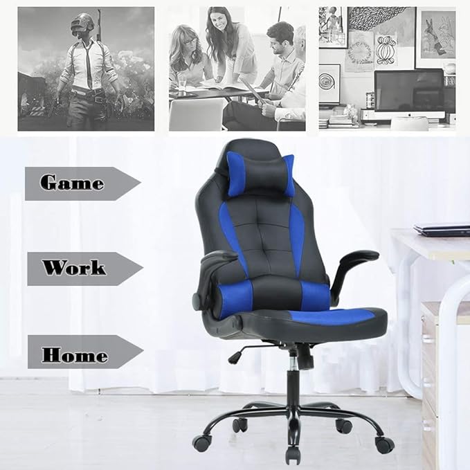 PC Gaming Chair Racing Style Office Chair w/Flip Up Arms Lumbar Support Pillow Video Game Chair Height Adjustable Rolling Swivel Computer Chair Ergonomic PU Leather Chair for Men Women Teens (Blue)