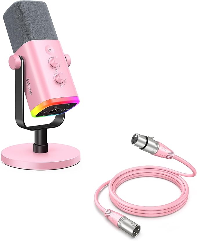 FIFINE XLR/USB Gaming Microphone &amp XLR Cable Bundle Dynamic RGB PC Mic with Monitoring 5.9ft XLR Cord for Studio Streaming Voice-Over &amp YouTube Video-（AM8P+L9CP）