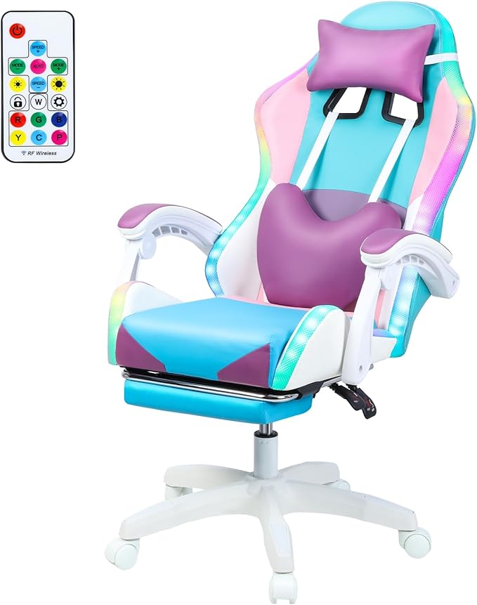 Girl Video Chair Bearing 300lbs Stylish Ergonomic Gaming Chair with RGB LED - Adjustable Recline High-Density Foam Padding Faux Leather BIFMA Certified Base USB Power Purple