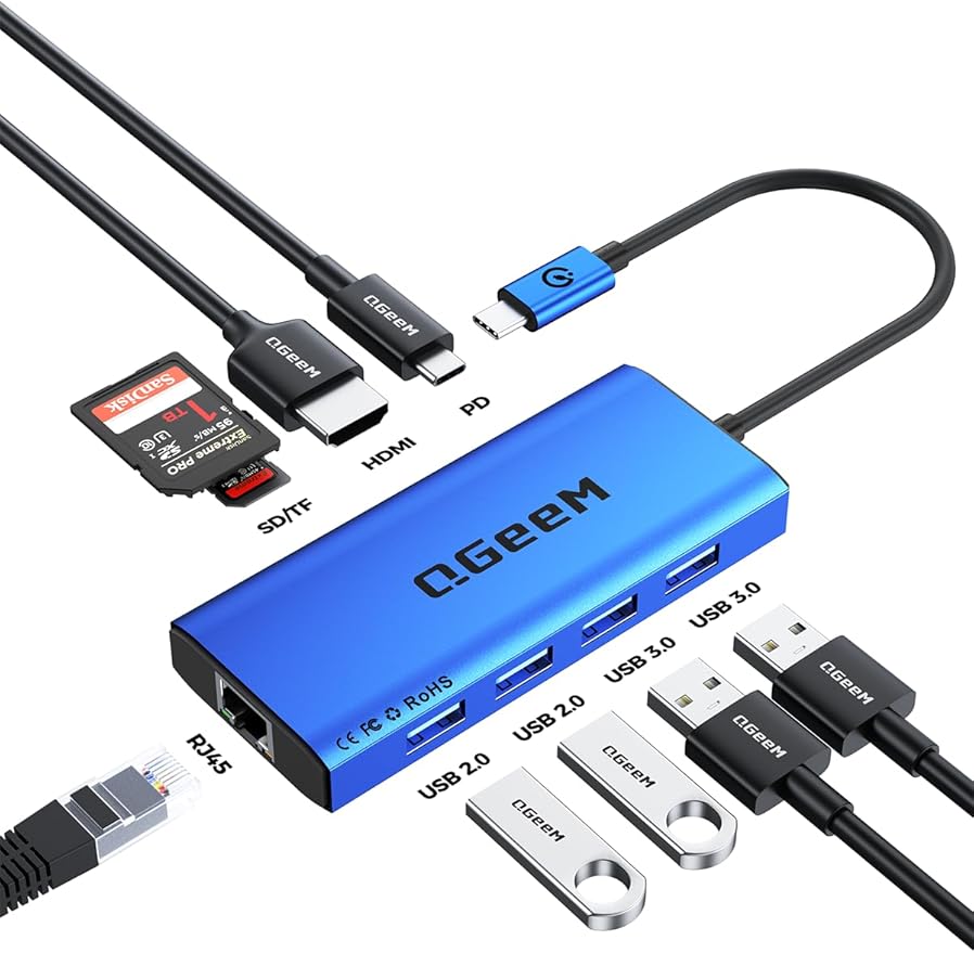 QGeeM USB C Hub Ethernet9 in 1 USB Type C Hub HDMI Multi-Port Converter Adapter100W Pd USB 3.0SD/TF Card ReaderCompatible for MacBook Pro Air Ipad HP Dell Lenovo Chromebook etc.-Blue