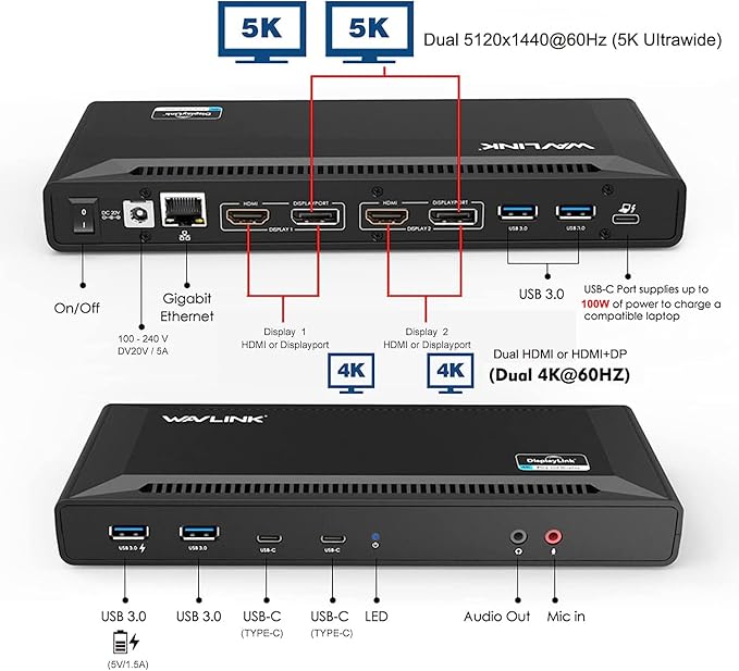 WAVLINK DisplayLink Laptop Docking Station - Dual Monitor 4K@60Hz 100W Charging for Thunderbolt 4/3 USB-C/A M1-M5 Mac/MacBook Neo Windows Chrome - 2HDMI 2DP 6 USB Ports LAN Audio