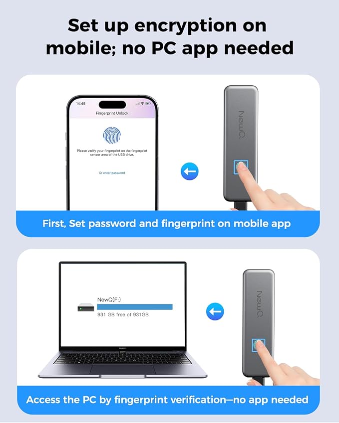 NEWQ 1TB Touch Portable SSD for USB C Device (with No-Cost APP) Backup Encryption Fingerprint External SSD for iPhone 17/16/15 Android Mac/Win Laptop (Not for iPhones/iPad with Lightning Port)