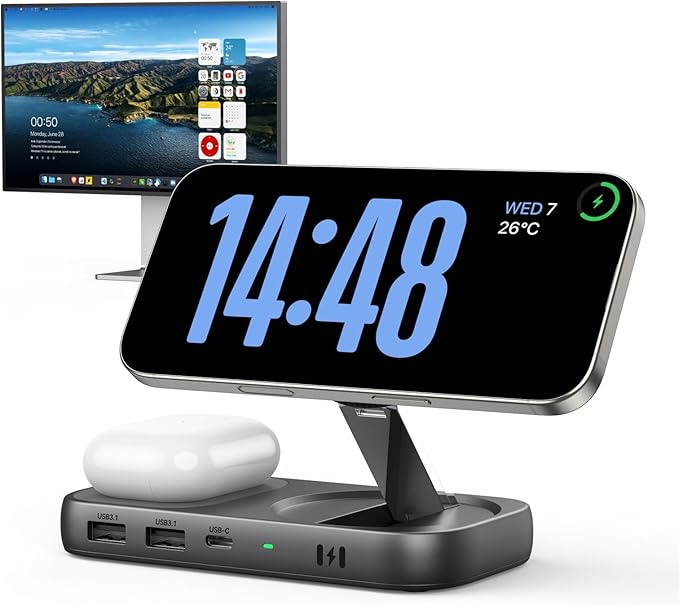 Selore USB C Hub with Wireless Charging for MacBook: 4K@60Hz HDMI 100W PD 15W Qi2 + 5W Wireless 10Gbps Ports iPhone Mirroring Docking Station &amp Magsafe Stand Space-Saving Desk Organizer(Black