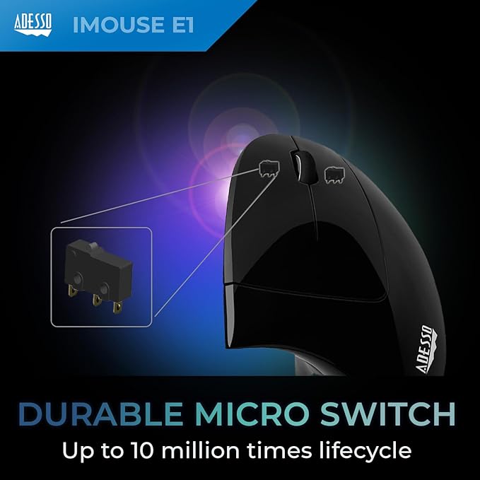 Adesso Wired Vertical Ergonomic Illuminated Optical 6-Button USB Mouse - Right Hand Orientation Black