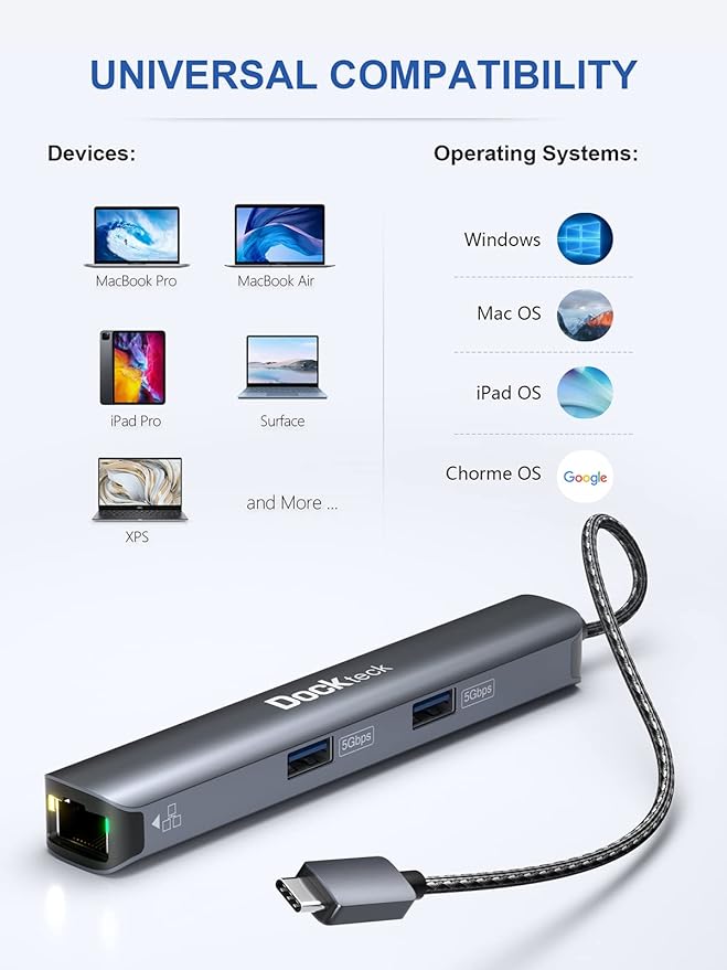 USB C Hub Ethernet6 in 1 Laptop Docking Station Dockteck USB C Multiport Adapter with 4K@60Hz HDMI 100W PD 1Gbps LAN 2 USB 3.0 for MacBook Pro/Air Surface Pro XPS and More (Pack of 2)