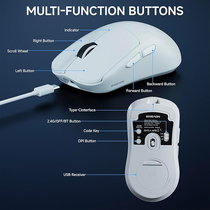 X23Pro Wireless Gaming Mouse 2.4G/BT5.0/USB-C Esports Gaming Mouse 800mAh Rechargeable Lightweight Mouse Gaming 12000 DPI Wireless Mouse with 6 Programmable Buttonsfor Laptop/PC/Mac White