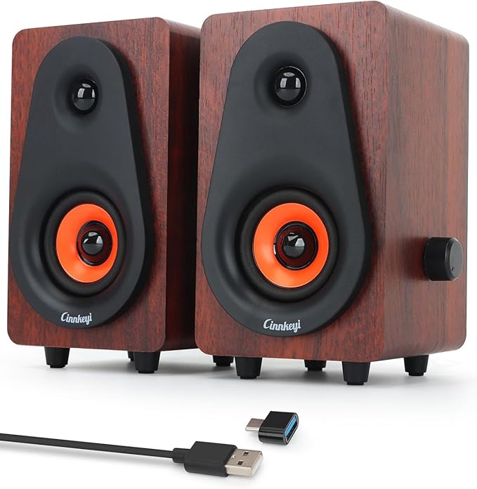 12W USB Computer Speakers 【2026 Update】 Wooden Desktop Speakers with Dual Diaphragms High-Fidelity Stereo for PC Laptop Monitor Tablet – USB Powered with Built-in Audio Output