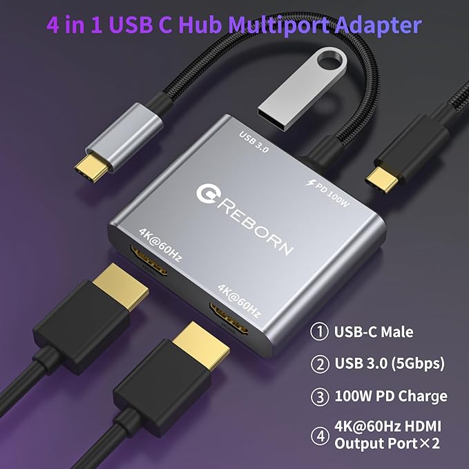 USB C to Dual HDMI Adapter | 4K@60Hz HDMI Splitter Extended Display for Dual Monitors Multi-Monitor Adapter with USB and 100W PD Windows Allows 3 Separate Screens macOS Only Allows Mirror Mode